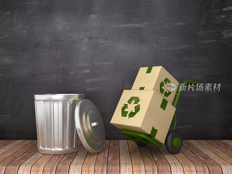 垃圾桶与回收手推车在黑板上的背景- 3D渲染